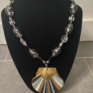 Hand painted and made Elegant Black and Gold Shell Pendant Necklace